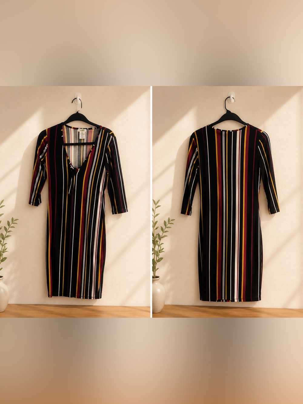 Black Multi-Stripe V-Neck Bodycon Dress